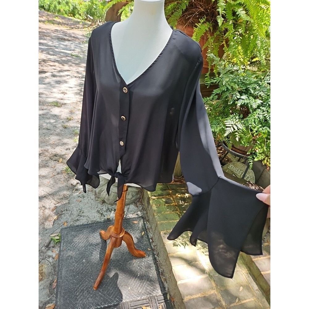 Diana Marco Sheer Top Chiffon Flouncy Angel Sleeve Flowy Blouse See-Thru Jacket‎